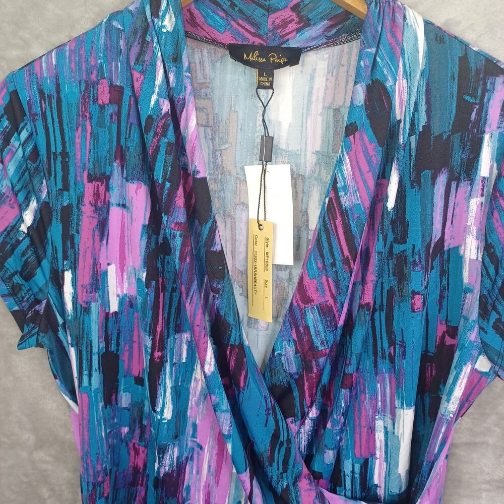 Melissa Paige Women's Cap Sleeve Wrap Top Size L Artsy V-neck Stretch Career New - Picture 3 of 11